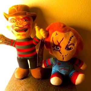2 stuffed chucky and Freddy Krueger dolls